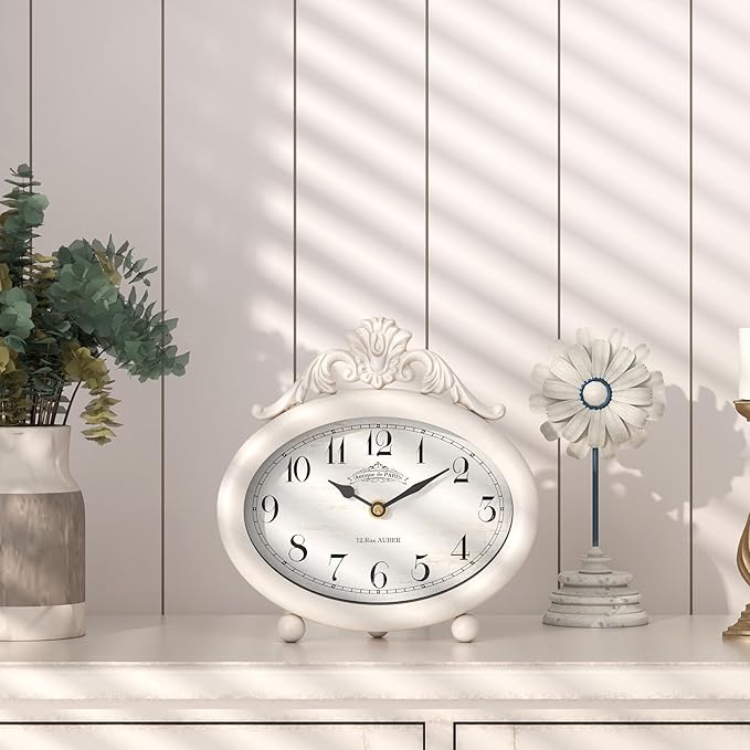 Vintage Table Clock, Desk and Shelf Decor Clock, French Rustic Antique Style White Mantel Clocks, for Farmhouse, Living Room, Bedroom, Bedside, Gift (7.87" H x 7.87" W)