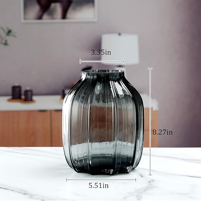 Black Grey Glass Vase for Flowers,Dark Grey Bud Tall Glass Vases,H-8.0" Simple Striped Design for Home Floor Decor,Farmhouse Decor, Centerpiece Coffee Table Decorations