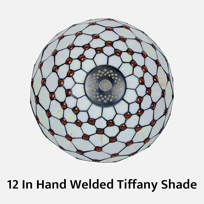 Tiffany Lamp Vintage White Cream Stained Glass Bead Table Lamp Desk Bedside Reading Light Decor Bedroom Living Room Home Office D12*H18 Inches