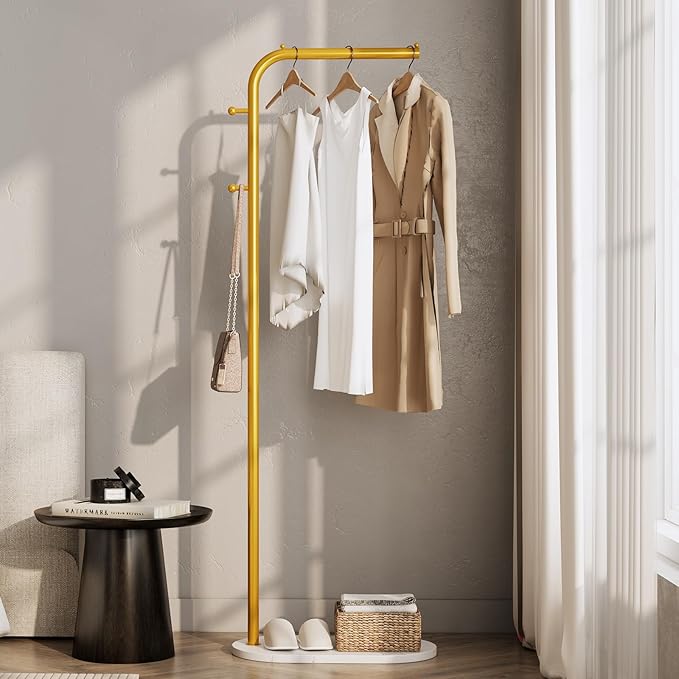 Gold clothing rack for small Spaces,Modern clothes racks for hanging clothes,7-shaped coat rack Freestanding with Marble Base and 2 Hooks coat hanger stand for Jackets, Coats, Hats (gold)