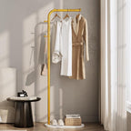 Gold clothing rack for small Spaces,Modern clothes racks for hanging clothes,7-shaped coat rack Freestanding with Marble Base and 2 Hooks coat hanger stand for Jackets, Coats, Hats (gold)