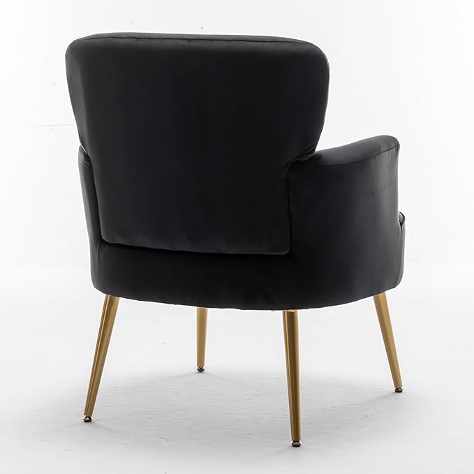 Trendy Velvet Accent Chair with Gold Metal Legs, Upholstered Armchair for Small to Mid-Size Spaces, Modern Living Room, Bedroom, Vanity Desk and Entryway, Black