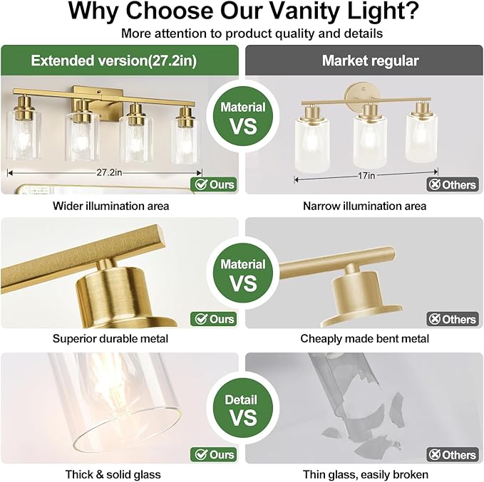 4-Light Bathroom Light Fixtures, Vanity Light with Clear Glass Shades, Brushed Gold Bathroom Light Fixtures Over Mirror, Modern Bathroom Wall Lamp for Mirror Living Room Cabinet Bedroom