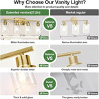 4-Light Bathroom Light Fixtures, Vanity Light with Clear Glass Shades, Brushed Gold Bathroom Light Fixtures Over Mirror, Modern Bathroom Wall Lamp for Mirror Living Room Cabinet Bedroom