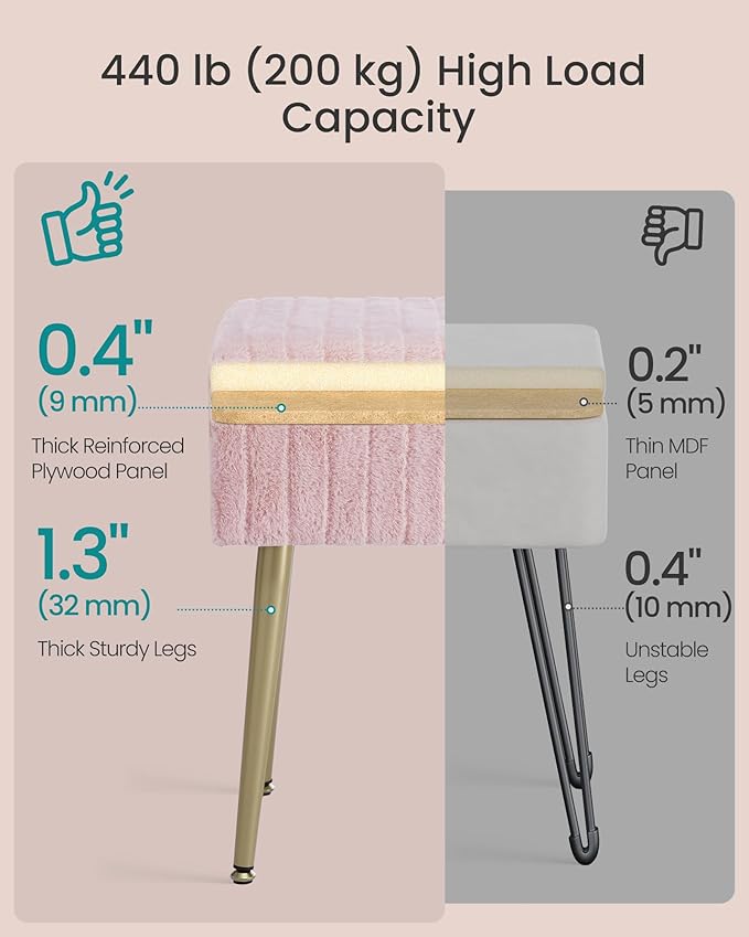 SONGMICS Vanity Stool Chair with Storage, Makeup Stool, Footrest Footstool Ottoman, Metal Legs, Adjustable Feet, for Living Room, Bedroom, Makeup Room, Jelly Pink ULOM505SZ02