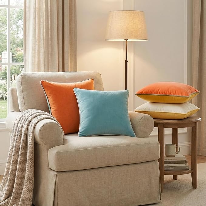 Mecatny Set of 4 Velvet Throw Pillow Covers 18x18, Soft Colorful Accent Decorative Couch Pillow Covers for Sofa Living Room, Orange/Yellow
