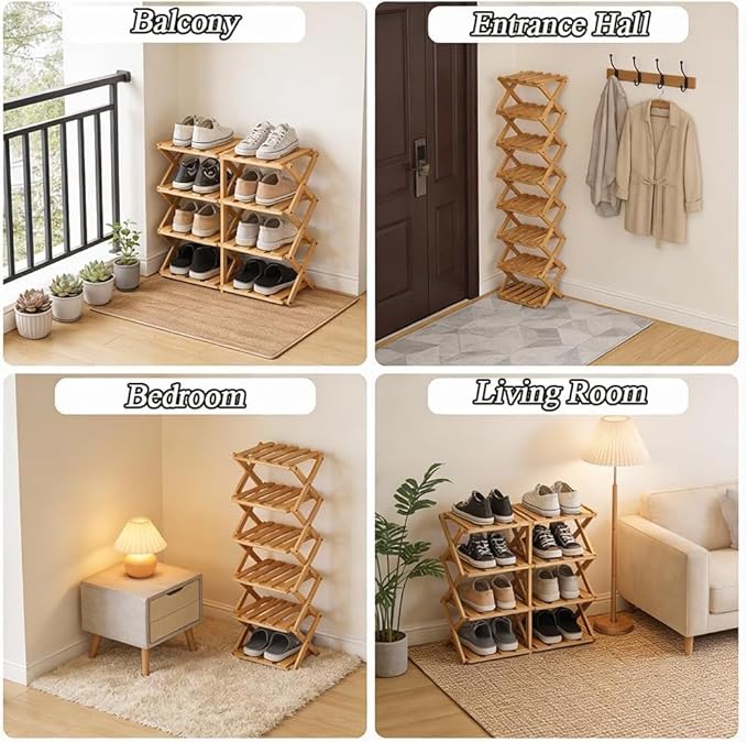 The 9-Tier No-Assembly Bamboo Rack(Foldable Storage), Bamboo Shoe Storage Rack, Space-Saving, Holds 14+ Pairs, Unfolds in 10 Sec (Nature, 8 Tier)