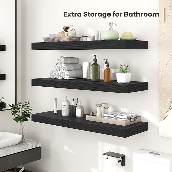 Heimlove 12 Inch Deep Floating Shelves, 16 x 12 inches Long Wall Shelf, Large Extra Display Shelf & Storage Shelf, Rustic Wood Wall Shelves for Fireplace Mantel, Black - 2Pack