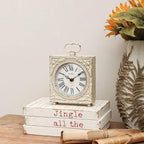 NIKKY HOME Small Table Clock with Handle, Silent Non-Ticking Shelf Desk Top Clock Battery Operated Vintage Rustic Design, Chic Home Decor for Fireplace Mantel, Desktop, Countertop, Distressed White