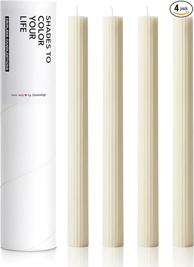 10" Candle Sticks, Ribbed Taper Candles, Ivory, 4-Pack, Unscented