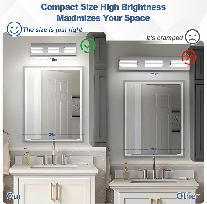 Modern LED Small Bathroom Lights Fixtures(3-Light),Stainless Steel Chrome Acrylic Wall Lighting,Vanity Lights for Bathroom Over Mirror(6000K 16in)