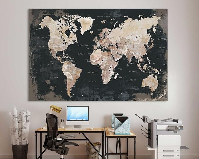 World Map Wall Art Office Decor Pictures for Living Room Black White Wall Decor Home House Decorations Modern Inspirational Artwork