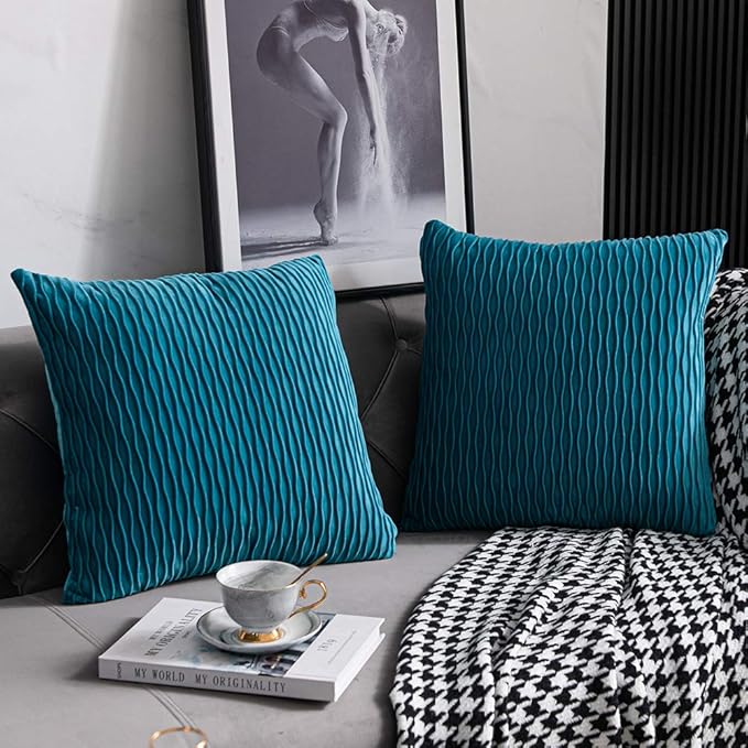 Turquoise Throw Pillow Cases 16x16: 2 Pack Inch Original Striped Velvet Square Decorative Pillow Covers for Farmhouse Couch