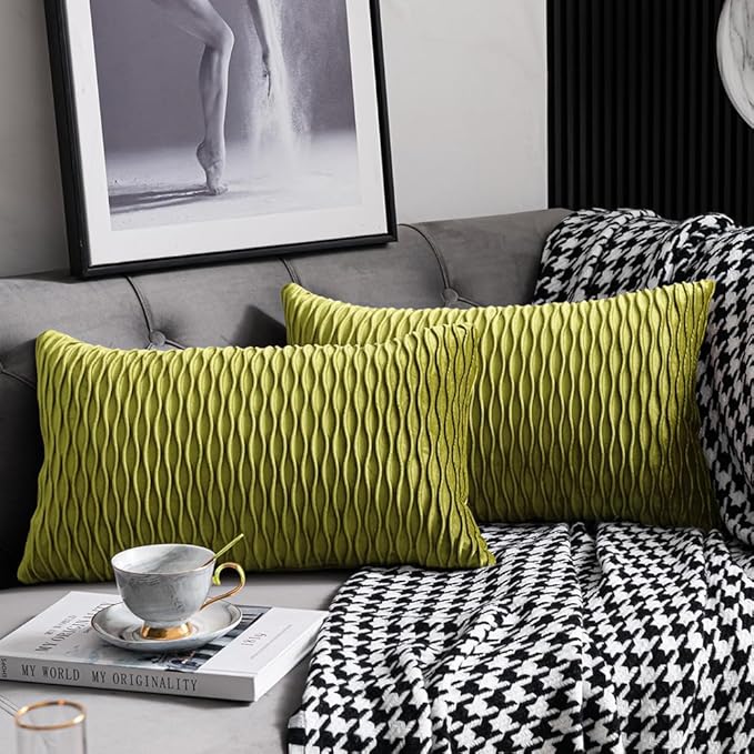 12x20 Moss Green Throw Pillow Cases: 2 Pack Original Striped Velvet Rectangular Decorative Pillow Covers for Farmhouse Couch