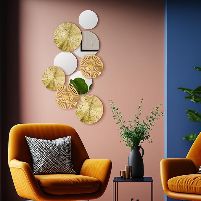 Hicarer 9 Pcs Circle Mirrors Metal Home Decor Wall Decorative Modern Round Accent Wall Art Sculpture Hanging Decorations for Living Room Office Bedroom Kitchen(Gold)