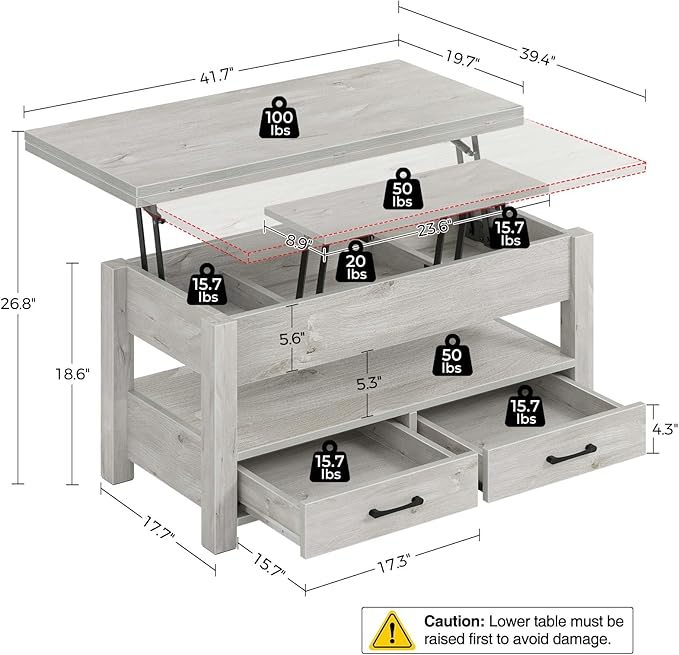 Rolanstar Coffee Table Lift Top, Multi-Function Convertible Coffee Table with Drawers and Hidden Compartment, Converts to Dining Table for Living Room, Home Office,Grey
