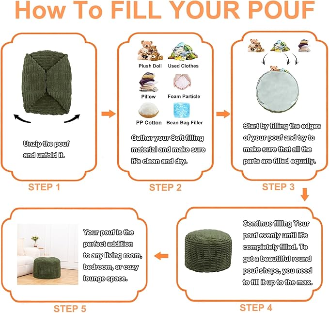 Handmade Unstuffed Ottoman Pouf Cover – Versatile Storage Footstool & Floor Pouf for Living Room, Bedroom, or Wedding Decor | 20" Diameter x 14" Height | Filler Not Included (Green)