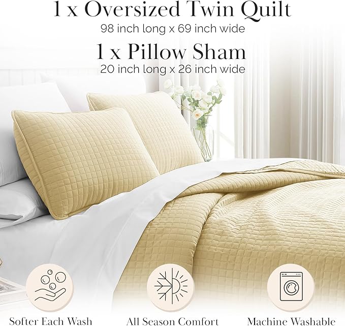 Southshore Fine Living, Inc. Twin Quilt Bedding Set, Soft Brushed Microfiber Coverlet, Stain & Pet Hair Resistant Bedding, Twin/Twin XL Quilt Bedspread Set with Matching Pillow Sham, Gold