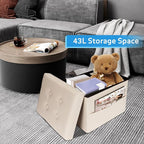 Ottoman with Storage Foot Stool, 17 Inches Folding Storage Ottoman, Leather Upholstered Ottomans Foot Rest with Side Pockets, Suitable for Living Room, Bedroom, Cafe, Beige