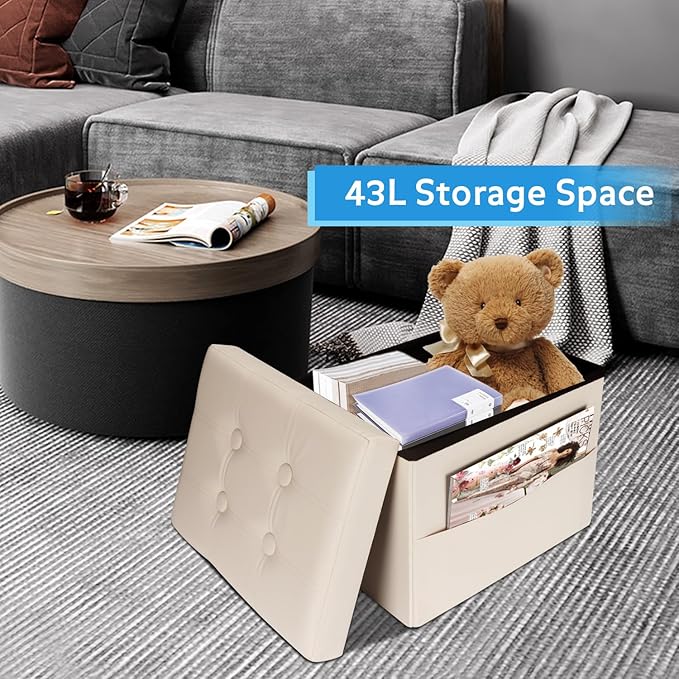 Ottoman with Storage Foot Stool, 17 Inches Folding Storage Ottoman, Leather Upholstered Ottomans Foot Rest with Side Pockets, Suitable for Living Room, Bedroom, Cafe, Beige