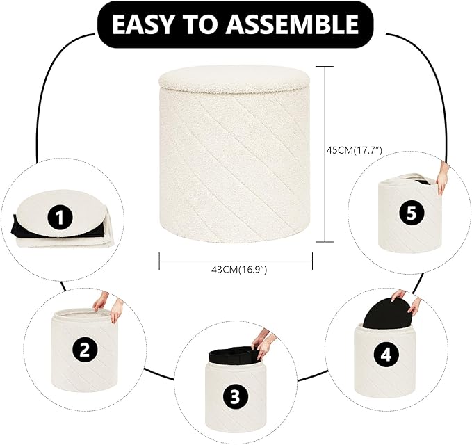 17" Foldable Boucle Round Storage Ottoman,Space-Saving Footrest/Seating/Coffee Table for Small Apartments,Dorms & Bedrooms-White
