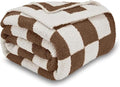 CozeCube Super Soft Fullfy Microfiber Reversible Knitted Blankets, Warm Cozy Fuzzy Plush Throw, Dark Brown and White Checkered Throw Blanket for Couch Bed Sofa, 50" x 60"