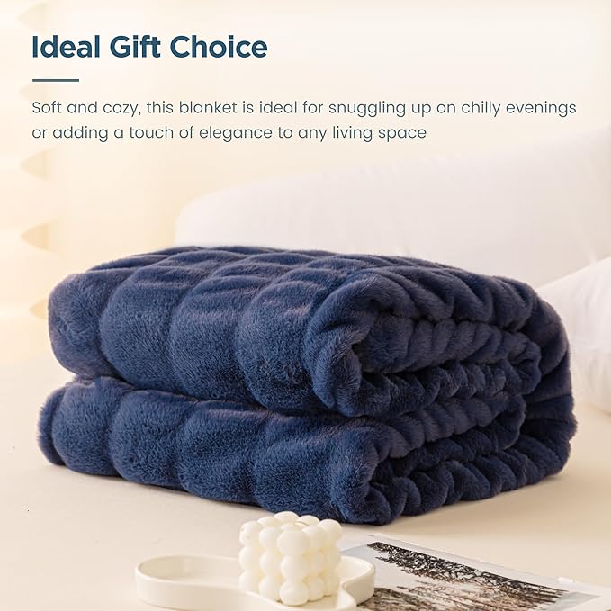 Sophia & William Ruched Faux Fur Throw Blanket Bed Blanket - Luxury Lightweight Plush Fuzzy Cozy Soft Blankets, Blue, 60" x 80"