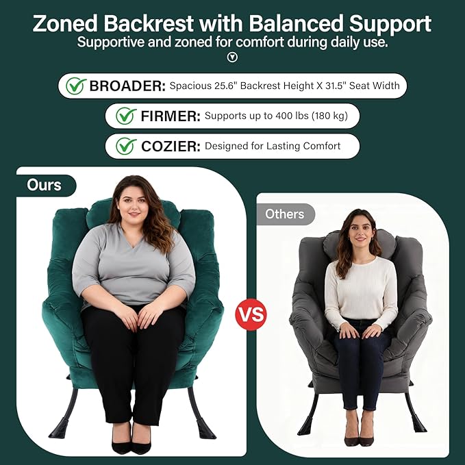 Lazy Chair with Ottoman, Modern Accent Chair with Lumbar Pillow, Velvet Dark Green Sofa, Lounge Chairs with Folding Footrest, Oversized Supportive Chairs for Bedroom, Reading