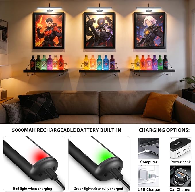 Wireless Picture Light for Wall, Battery Painting Lighting with Metal Material, Remote Control,3 Lighitng Colors,300LM Brightness Dimmable, Timer Auto-off, Adjustable Light head for Portrait Gallery
