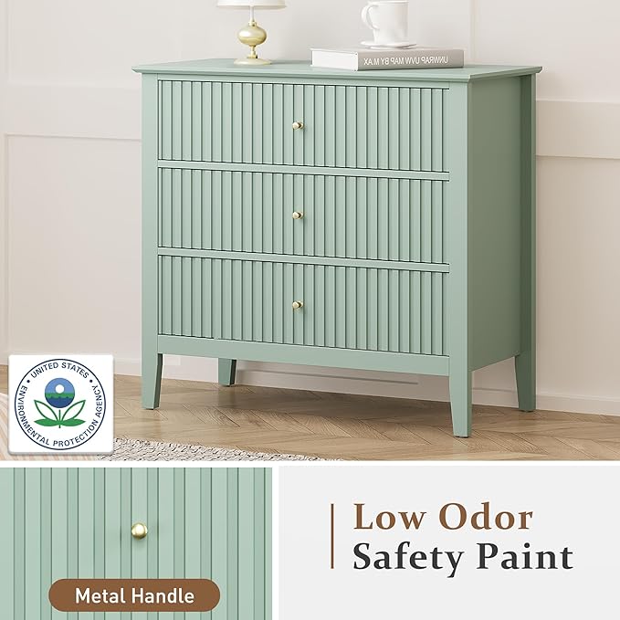 Large Sage Green Fluted 3-Section Set of 2, Modern 30 Inch Tall Wood Side Unit with Ball Bearing Slides, Wide Accent Furniture with Spacious Compartments for Living Room Entryway