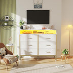 BOLUO Girls Dresser with LED Light and Charging Station for Bedroom 6 Fabric Drawer Dresser with USB Outlet Modern Gold