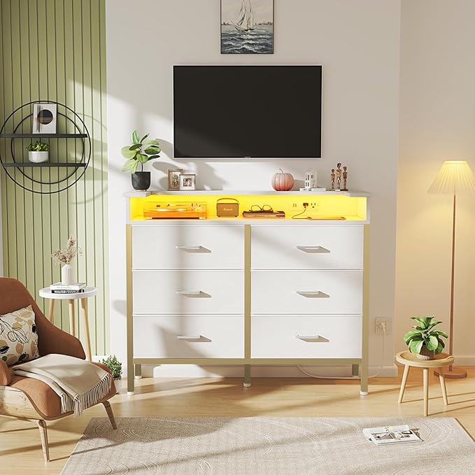 BOLUO Girls Dresser with LED Light and Charging Station for Bedroom 6 Fabric Drawer Dresser with USB Outlet Modern Gold