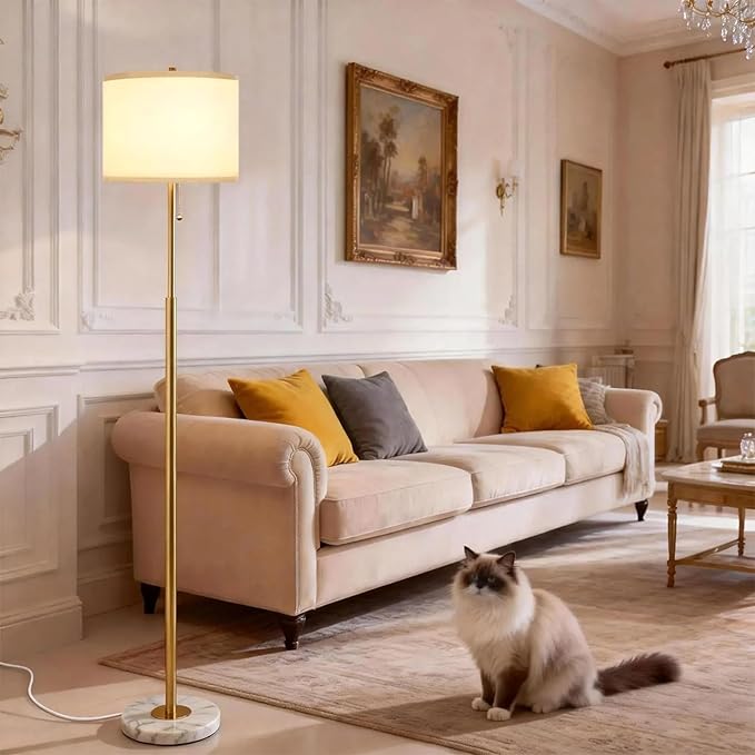 Modern Floor Lamp for Living Room with White Shade, Pull Chain Switch, 66" Tall Industrial Floor Lamps Reading with Marble Base for Bedroom Office (9W LED Bulb Included) -Gold