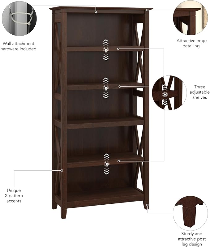Bush Home Tall 5 Shelf Bookcase for Living Room or Home Office, Large Bookshelf, Modern Farmhouse Style, Key West Collection, Bing Cherry