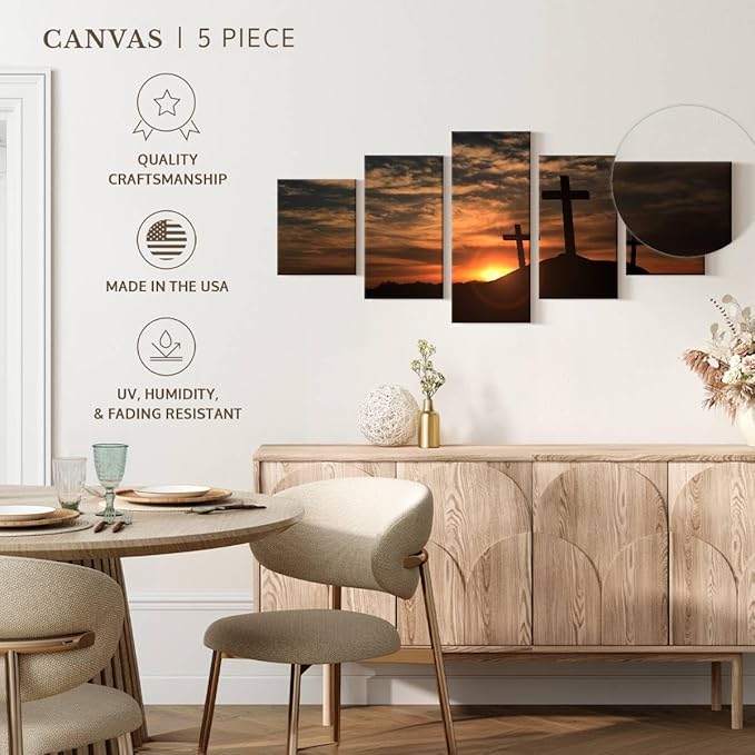 Elephant Stock Cross Silhouettes Wall Art Multi Piece Canvas - 5 Panel Christian Pictures Decor - Digital Design Canvas Print - Christian Wall Decor - 68" X 30"