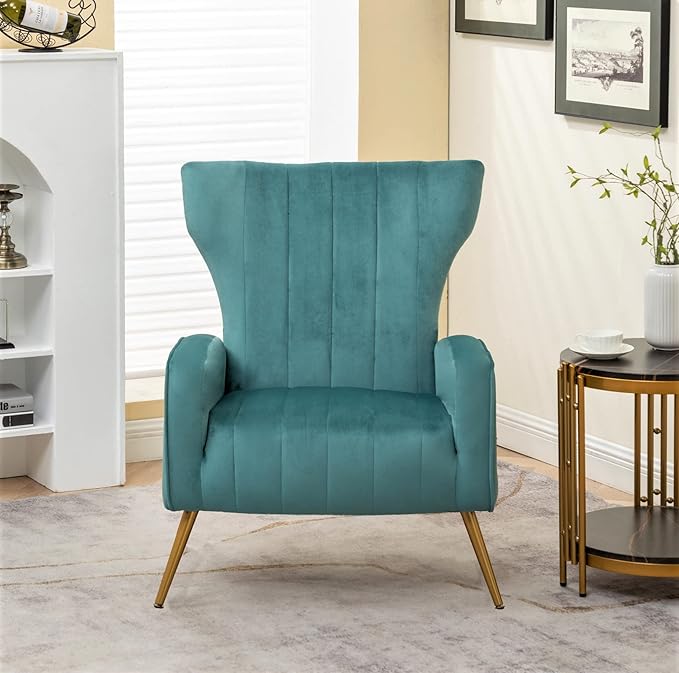 Modern Velvet Accent Chair, Channel Tufted Bedroom, Office or Living Room Furniture with Elegant Metal Legs, 26" Wide Armchair, Teal