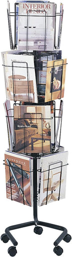 Safco Rotating Wire Magazine Holder, Metal Display Rack with 16 Pockets, 4 Tier Rolling Organizer, Powder Coat Finish, 5 Casters, Charcoal