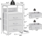 Bed Side Table with 3 Fabric Drawers, White Night Stand, LED Nightstand with Hooks, Bedside Table with Charging Station, End Table with Storage, Night Table for Living Room, Bedroom, Dorm