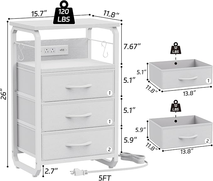 Bed Side Table with 3 Fabric Drawers, White Night Stand, LED Nightstand with Hooks, Bedside Table with Charging Station, End Table with Storage, Night Table for Living Room, Bedroom, Dorm