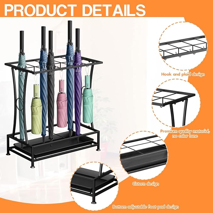 Metal Umbrella Holder Stand with Removable Drip Tray, Industrial Free Standing Umbrella Rack Organizer for Entryway Home Office Patio Decor(10 Slots 8 Hooks, Black)