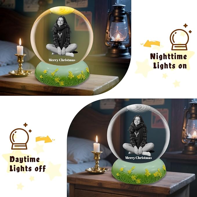 Custom Snow Globes with Photo Name Christmas Snow Globes with Light-Up Base Personalized Engraving Crystal Snowglobe Gifts for Family Women Men Kids Xmas Gift (Custom Snow Globe)