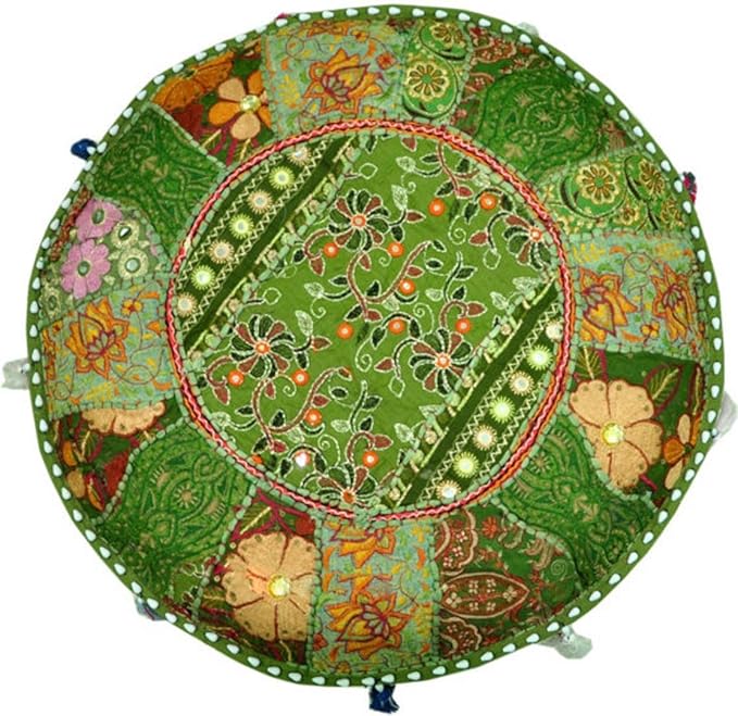 Aakriti Gallery Indian Pouf Footstool Ethnic Embroidered Pouf Cover, Indian Cotton Round Pouffe Ottoman Pouf Cover Pillow Ethnic Decor Art - Cover Only (Green, 18x13)