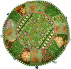 Aakriti Gallery Indian Pouf Footstool Ethnic Embroidered Pouf Cover, Indian Cotton Round Pouffe Ottoman Pouf Cover Pillow Ethnic Decor Art - Cover Only (Green, 18x13)