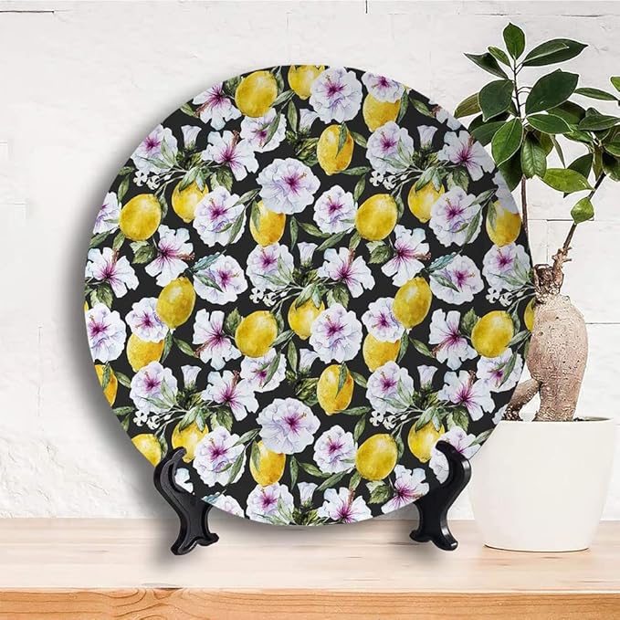 Ceramic Plates, Floral Decorative Ceramic Plates, Tropical Hibiscus Blossoms Petals with Lemons Nature, 10 Inch, for Dining, Parties, Wedding, Multicolor