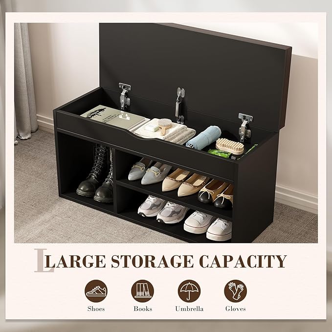 Apicizon Entryway Bench with Shoe Storage, Black, 2-Tier Shoe Rack, Padded Cushion, Wooden Frame