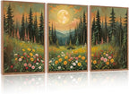 CHDITB Moonlit Forest Floral Framed Canvas Wall Art Set, Nature Inspired Wall Decor, Mystical Midnight Spiritual Wall Painting, Vintage Mountain Landscape Art Prints for Living Room, Bedroom, 16"x24"
