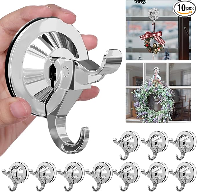 Antimbee Suction Hooks, 10 Pack Reusable Hangers, Removable Large Suction Cups with Ultra-Thin Adhesive Disc for Smooth/Uneven Surfaces, Door Wreath Hanger Max up to 11 lbs (Silver)