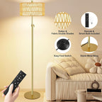 Gold Floor Lamps for Living Room Rattan Boho Floor Lamp with Remote Control,Dimmable Wicker Floor Lamps with 3 Color Temperature Modern Standing Lamp Brass Tall Floor Lamp for Bedroom Corner