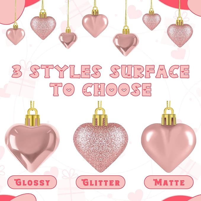 48PCS Valentines Day Heart Ornaments, Rosegold Shaped Ornaments, 2 Sizes Hanging Decorations, Glossy Baubles for Valentine's Day Wedding Anniversary Party Decor