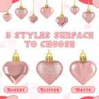 48PCS Valentines Day Heart Ornaments, Rosegold Shaped Ornaments, 2 Sizes Hanging Decorations, Glossy Baubles for Valentine's Day Wedding Anniversary Party Decor